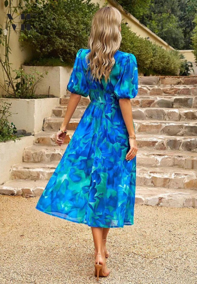 Women's Floral Puff Sleeve V-Neck Midi Dress