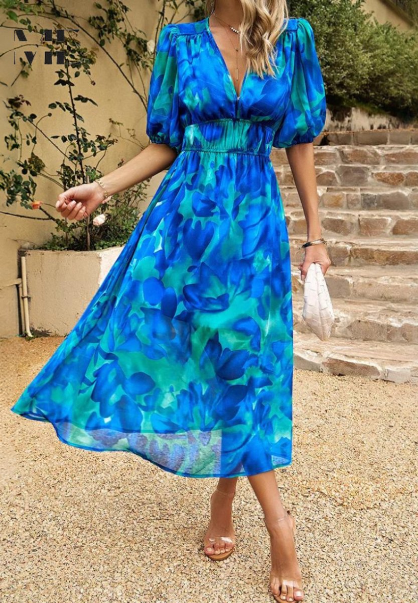 Women's Floral Puff Sleeve V-Neck Midi Dress