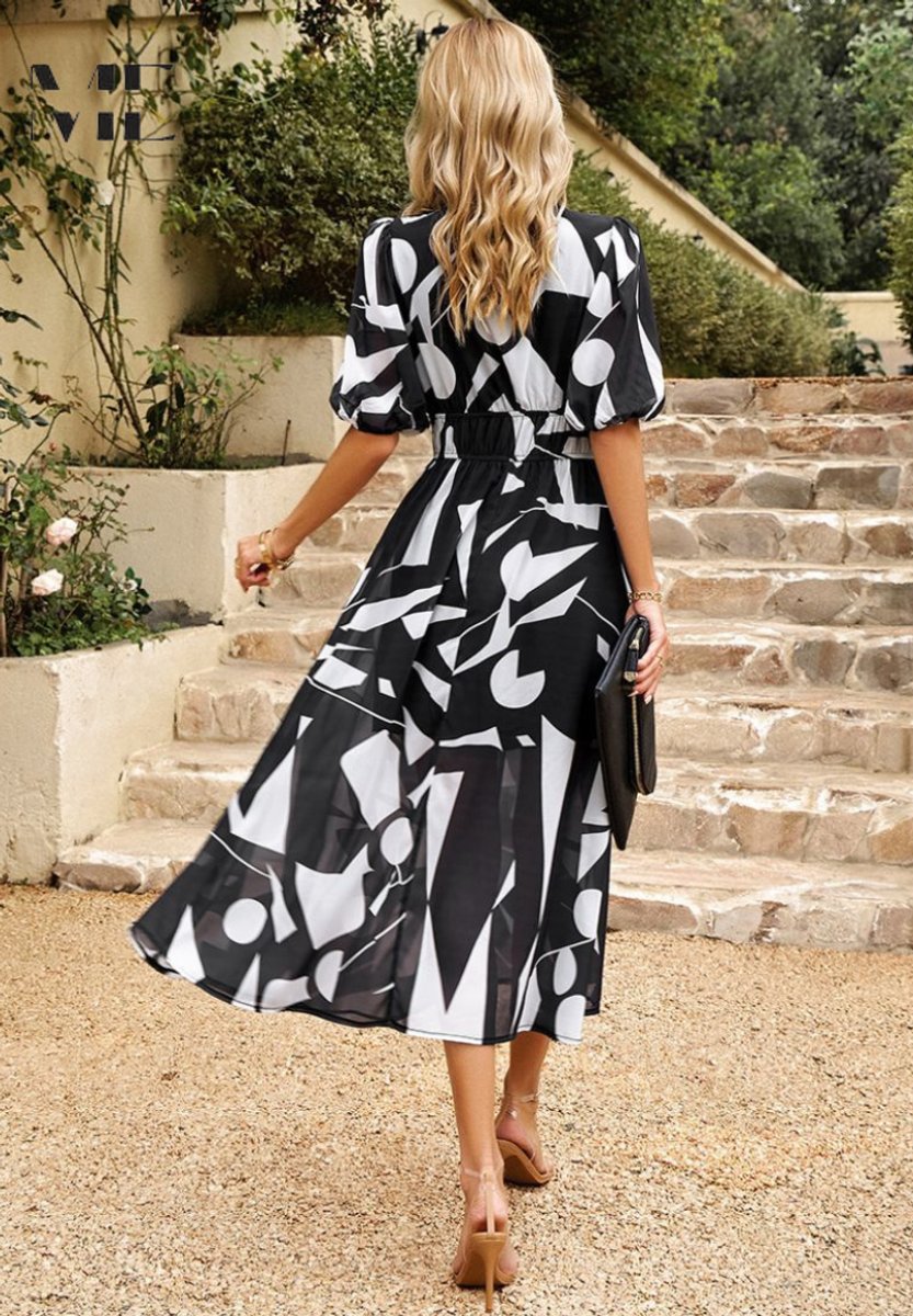 Women's Floral Puff Sleeve V-Neck Midi Dress