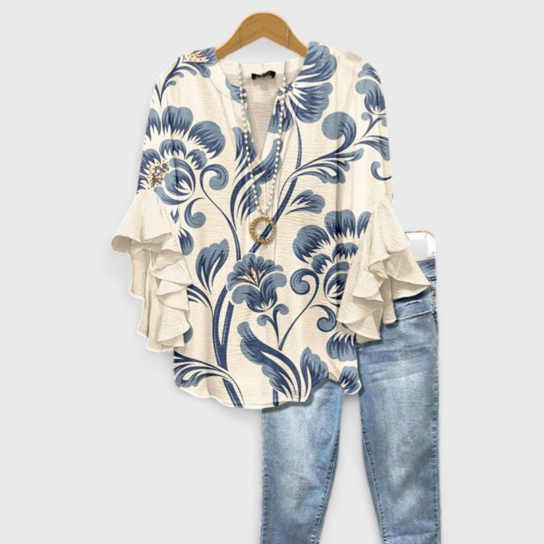 Women's Floral Ruffle-Sleeve V-Neck Lightweight Blouse - White