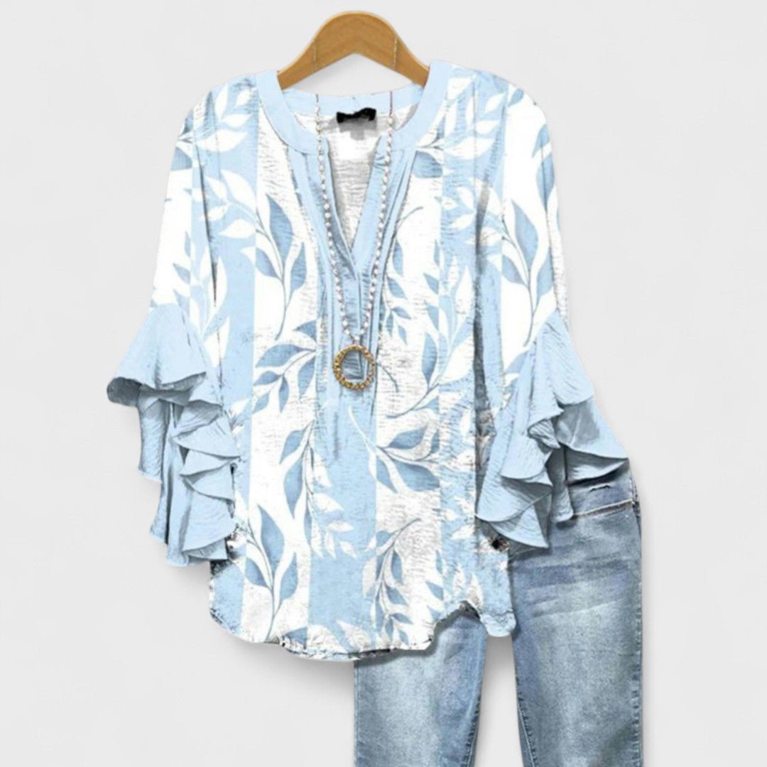 Women's Floral Ruffle-Sleeve V-Neck Lightweight Blouse - Light Blue