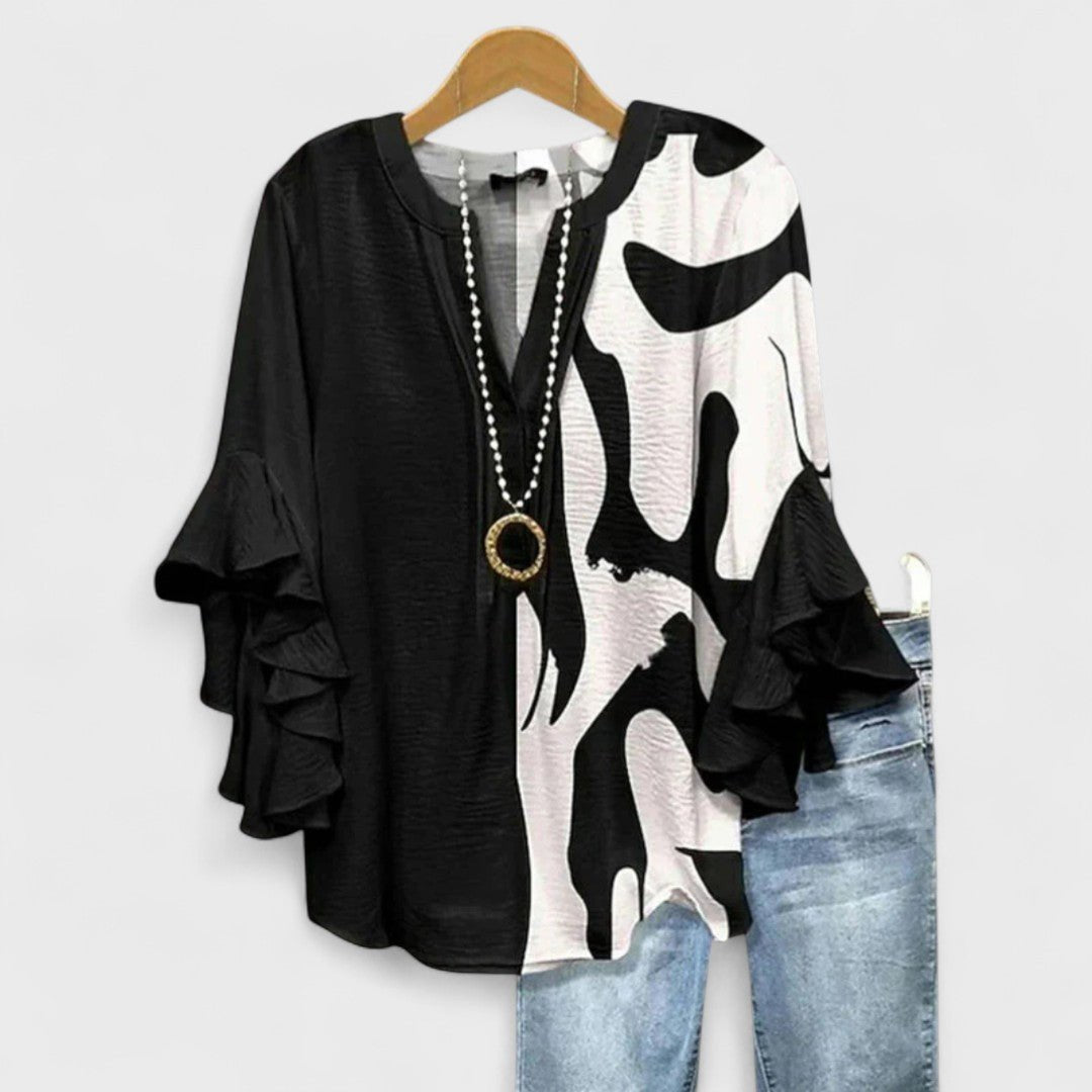 Women's Floral Ruffle-Sleeve V-Neck Lightweight Blouse - Black