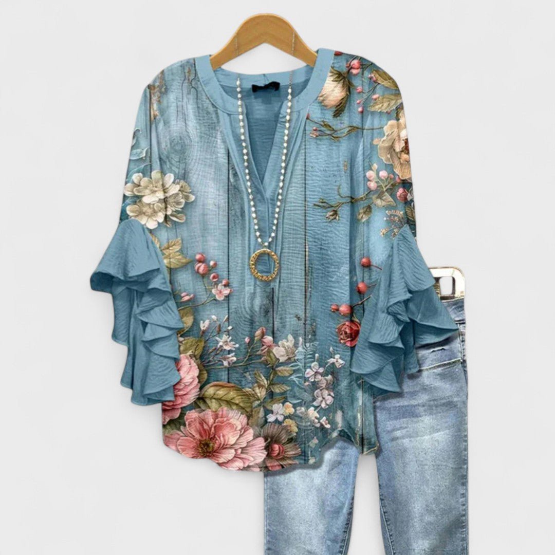 Women's Floral Ruffle-Sleeve V-Neck Lightweight Blouse - Floral Blue