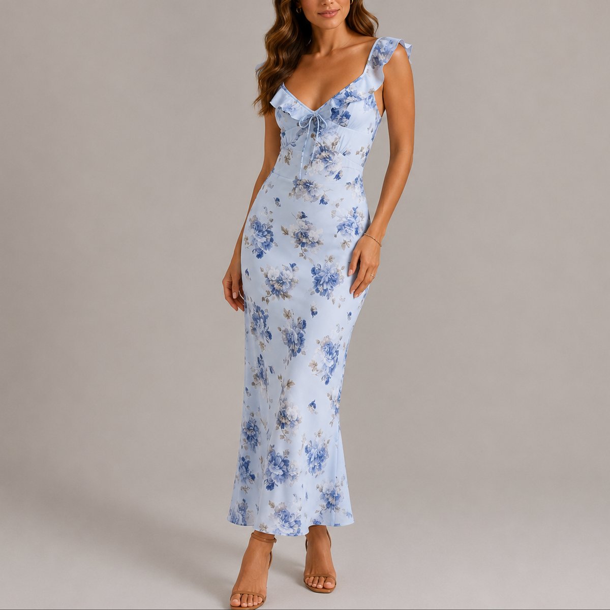 Women's Floral Ruffle-Strap Fitted Maxi Dress - Blue