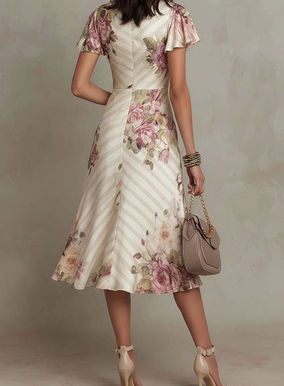 Women's Floral Satin Midi Dress V-Neck Ruched Wrap Skater