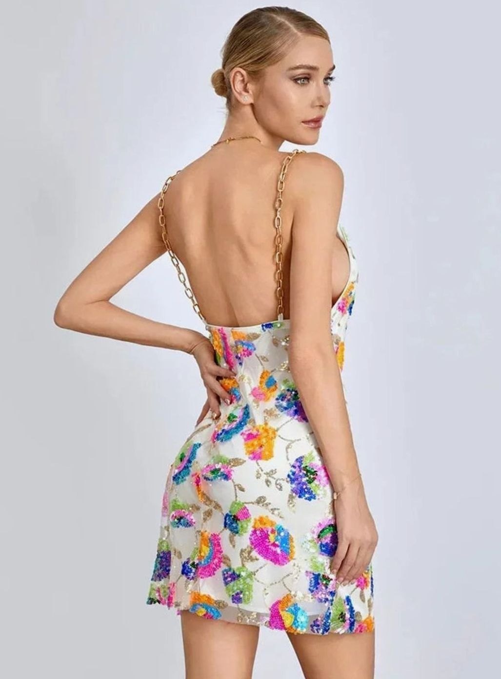 Women's Floral Sequin Chain-Strap Fitted Mini Dress