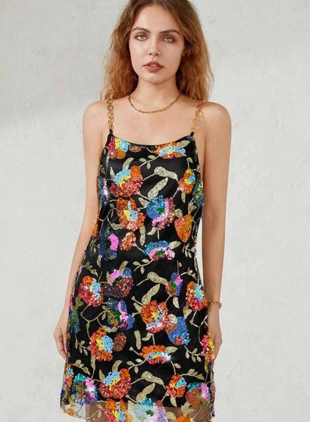 Women's Floral Sequin Chain-Strap Fitted Mini Dress