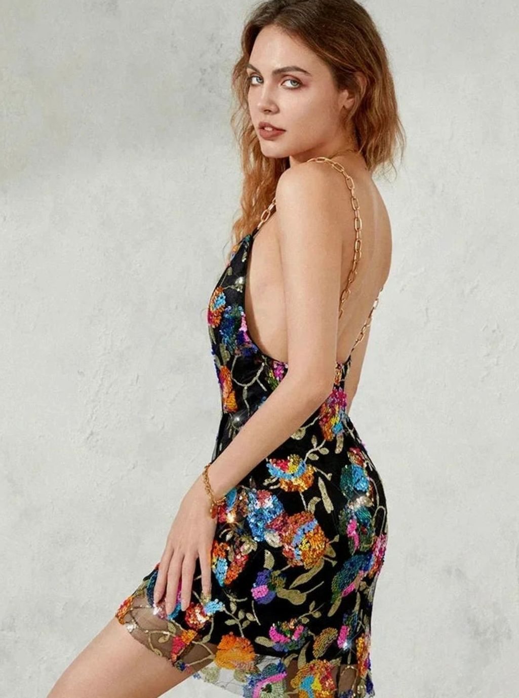 Women's Floral Sequin Chain-Strap Fitted Mini Dress