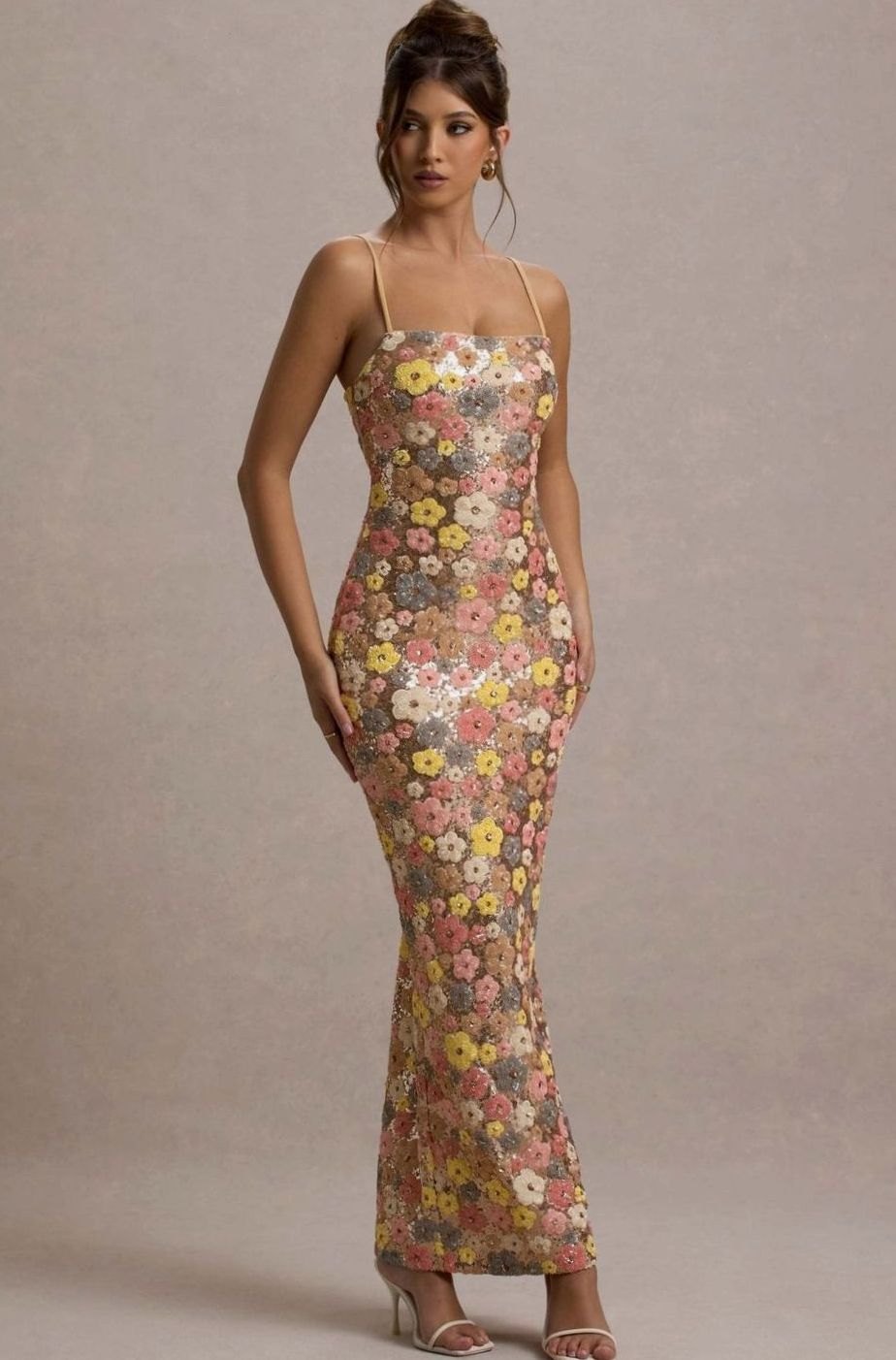Women's Floral Sequin Slim-Fit Maxi Slip Dress