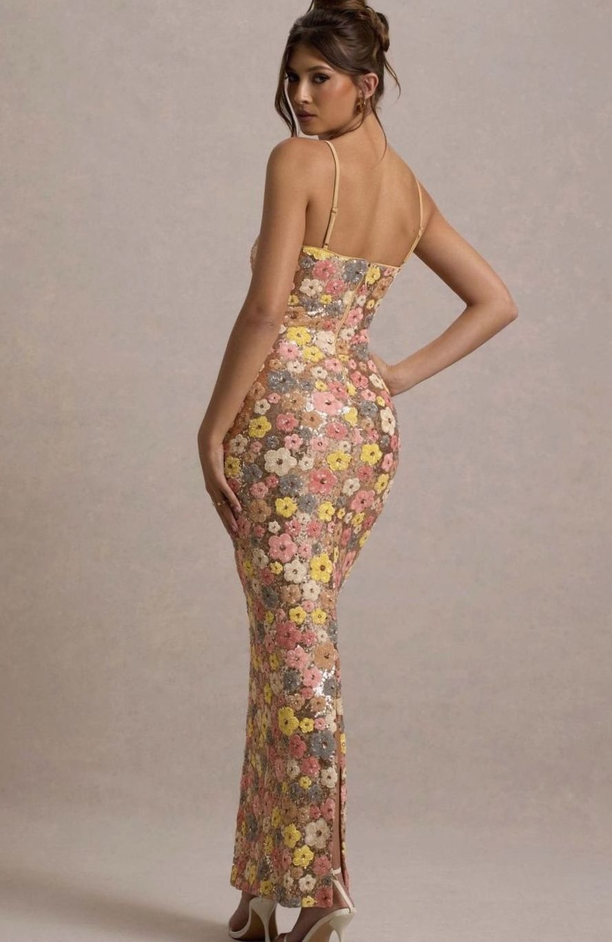 Women's Floral Sequin Slim-Fit Maxi Slip Dress