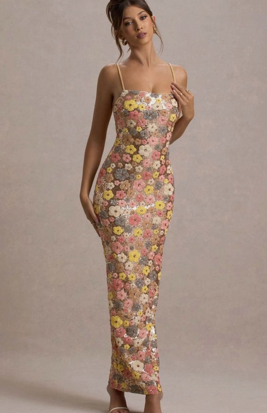 Women's Floral Sequin Slim-Fit Maxi Slip Dress