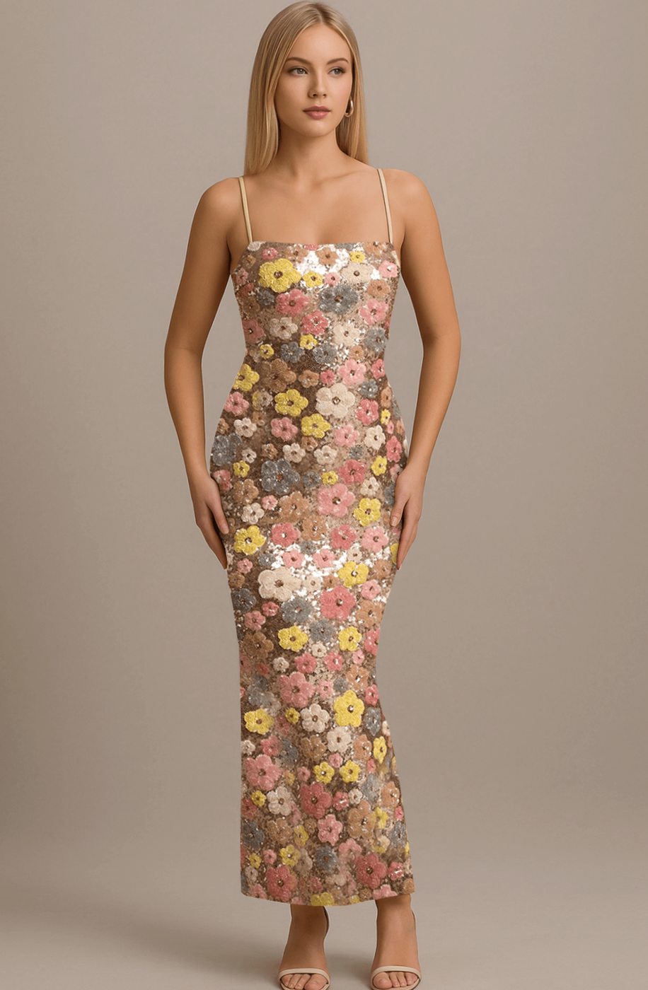 Women's Floral Sequin Slim-Fit Maxi Slip Dress