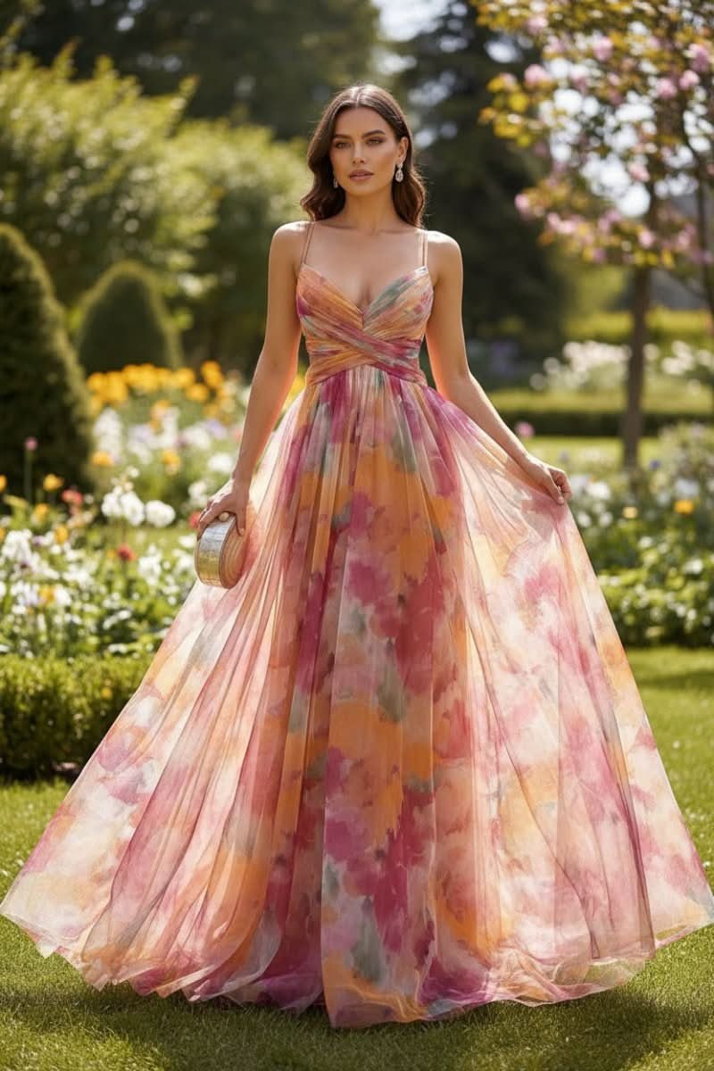 Women's Floral Spaghetti-Strap V-Neck Maxi Cocktail Dress