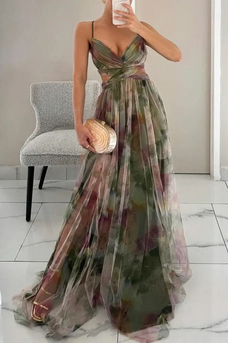 Women's Floral Spaghetti-Strap V-Neck Maxi Cocktail Dress - Green