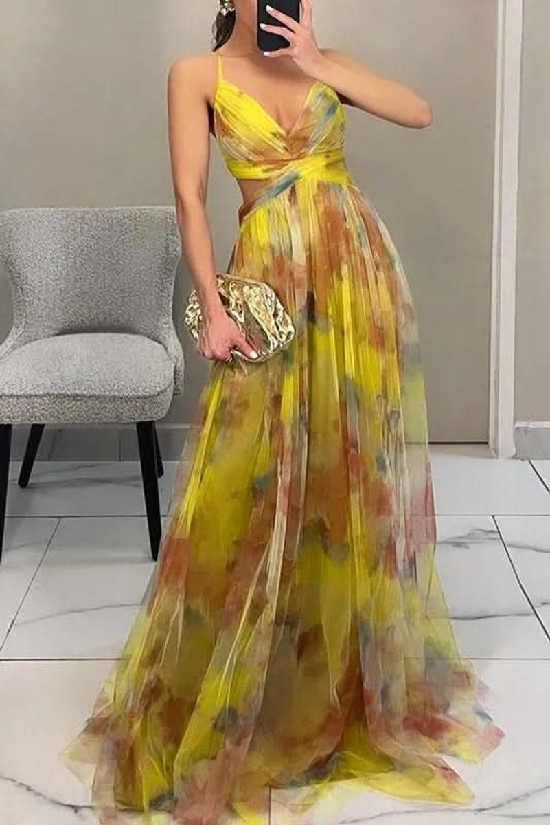Women's Floral Spaghetti-Strap V-Neck Maxi Cocktail Dress - Yellow
