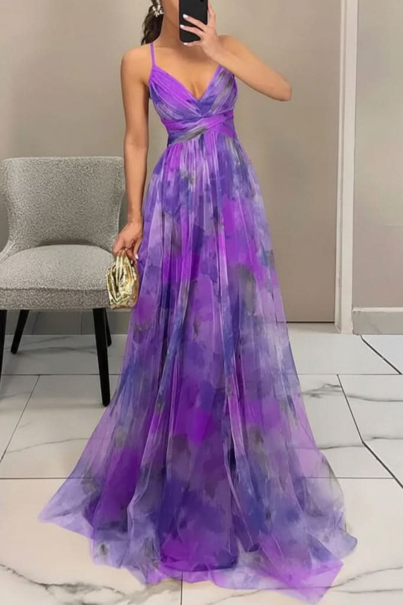 Women's Floral Spaghetti-Strap V-Neck Maxi Cocktail Dress - Purple