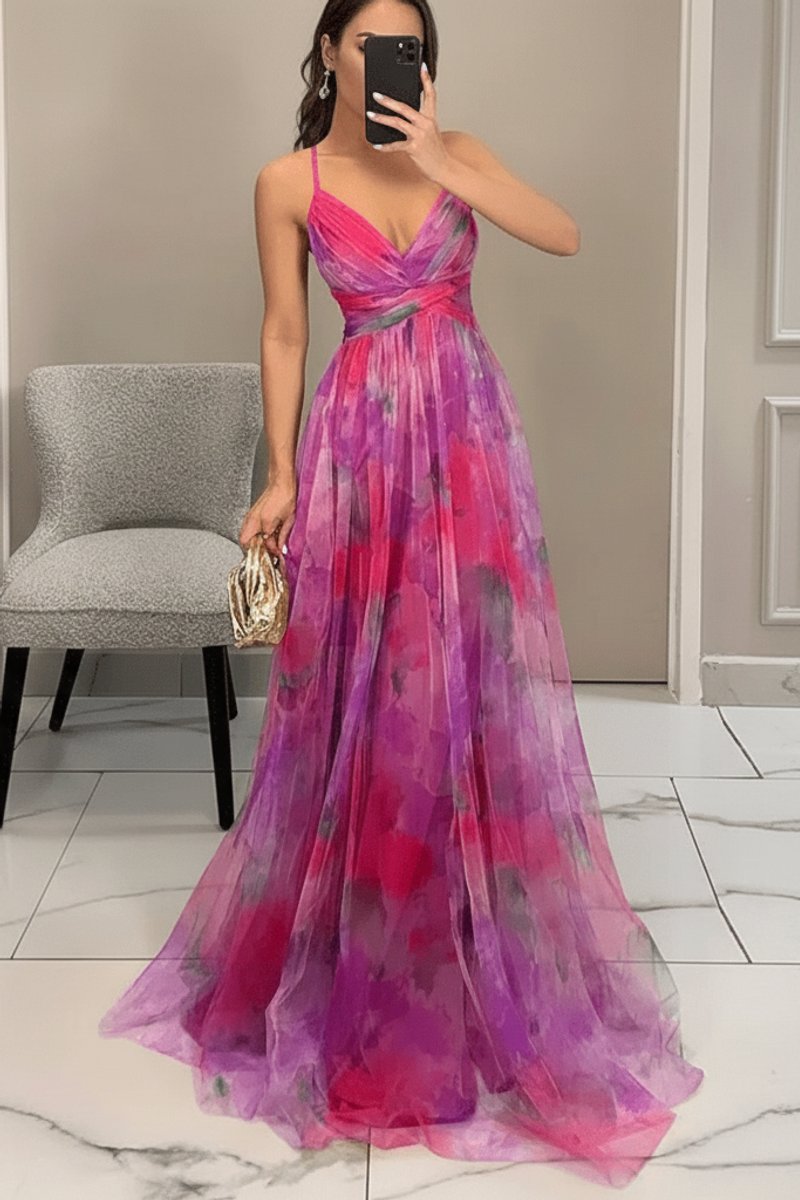 Women's Floral Spaghetti-Strap V-Neck Maxi Cocktail Dress
