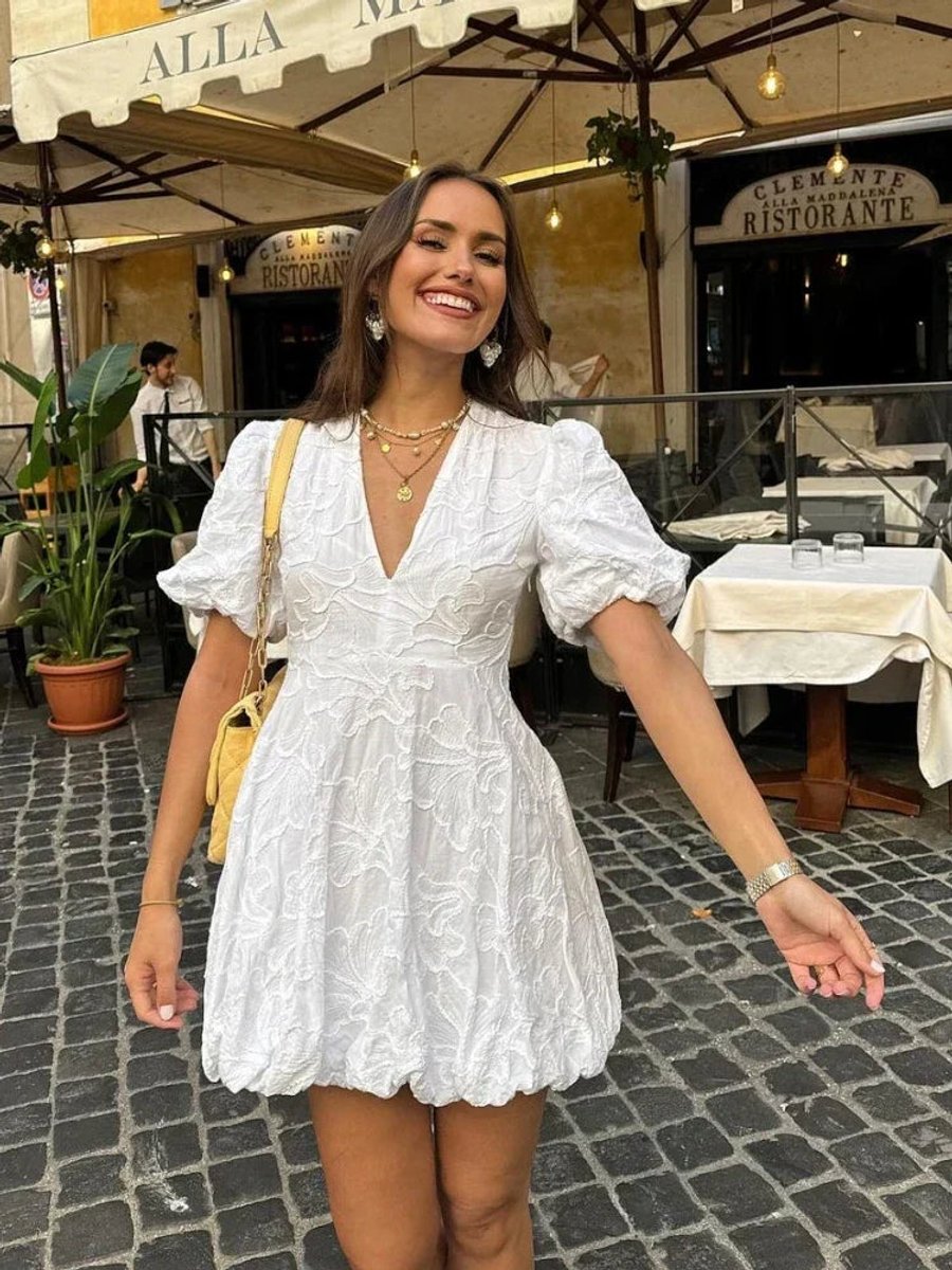 Women's Floral Textured Puff Sleeve Mini Party Dress