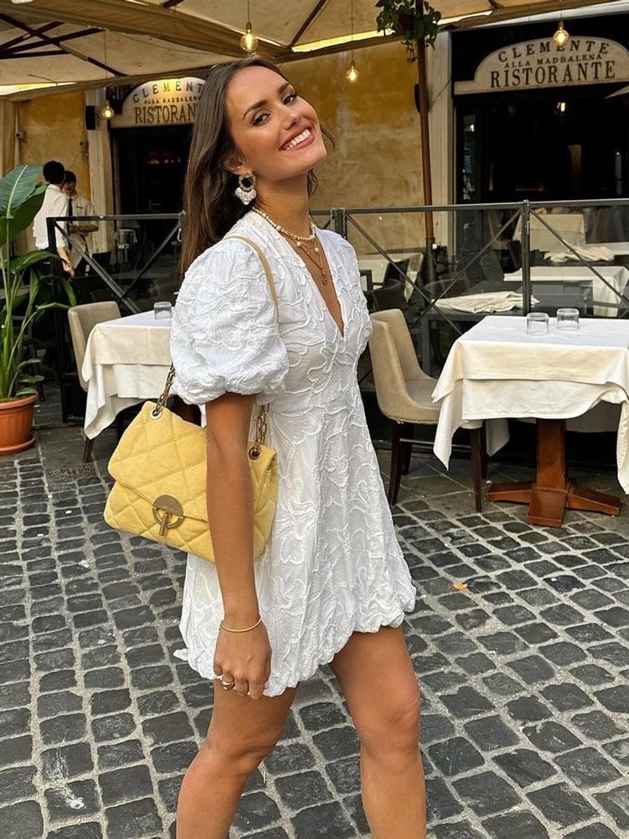 Women's Floral Textured Puff Sleeve Mini Party Dress