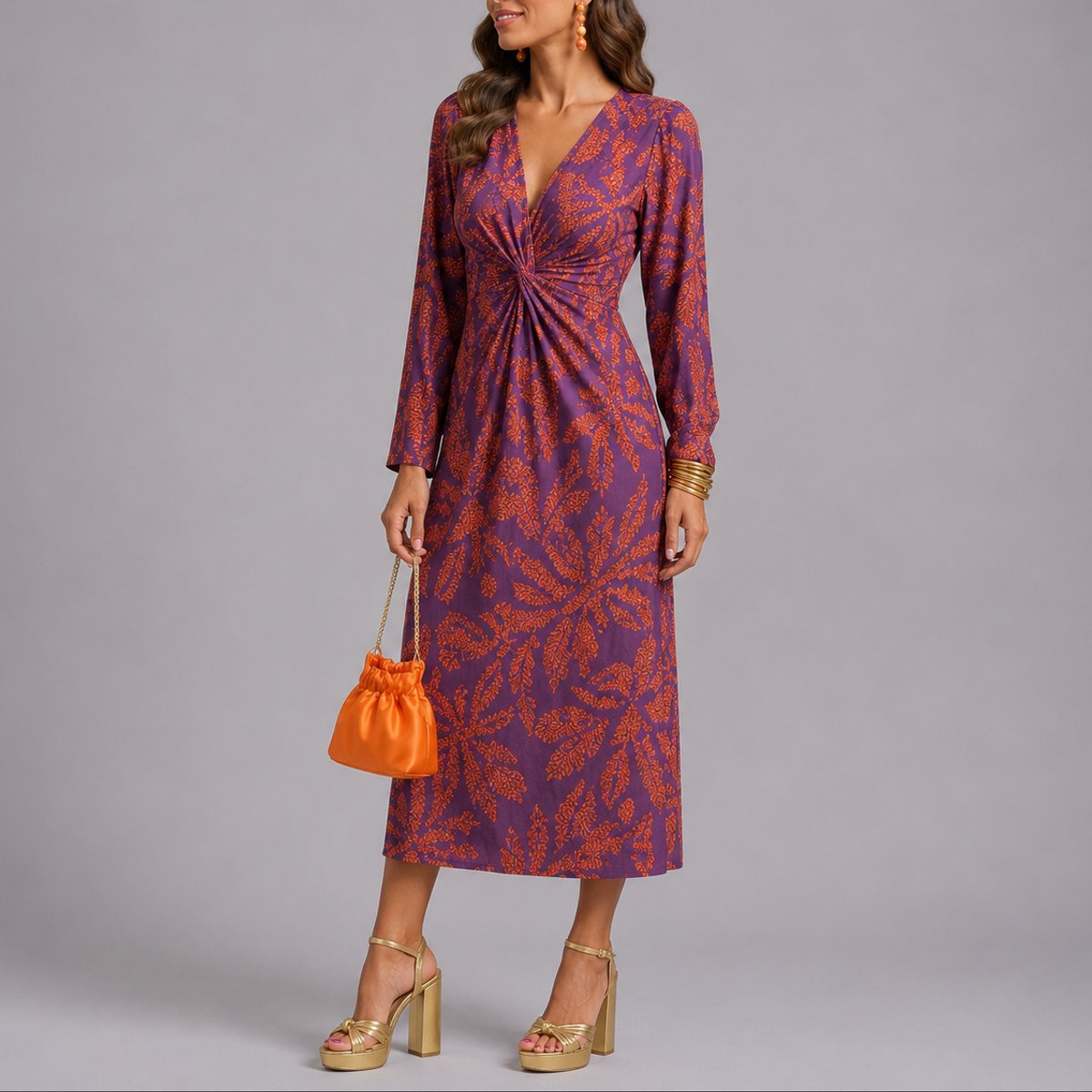 Women's Floral Twist-Front V-Neck Long-Sleeve Midi Dress - Purple
