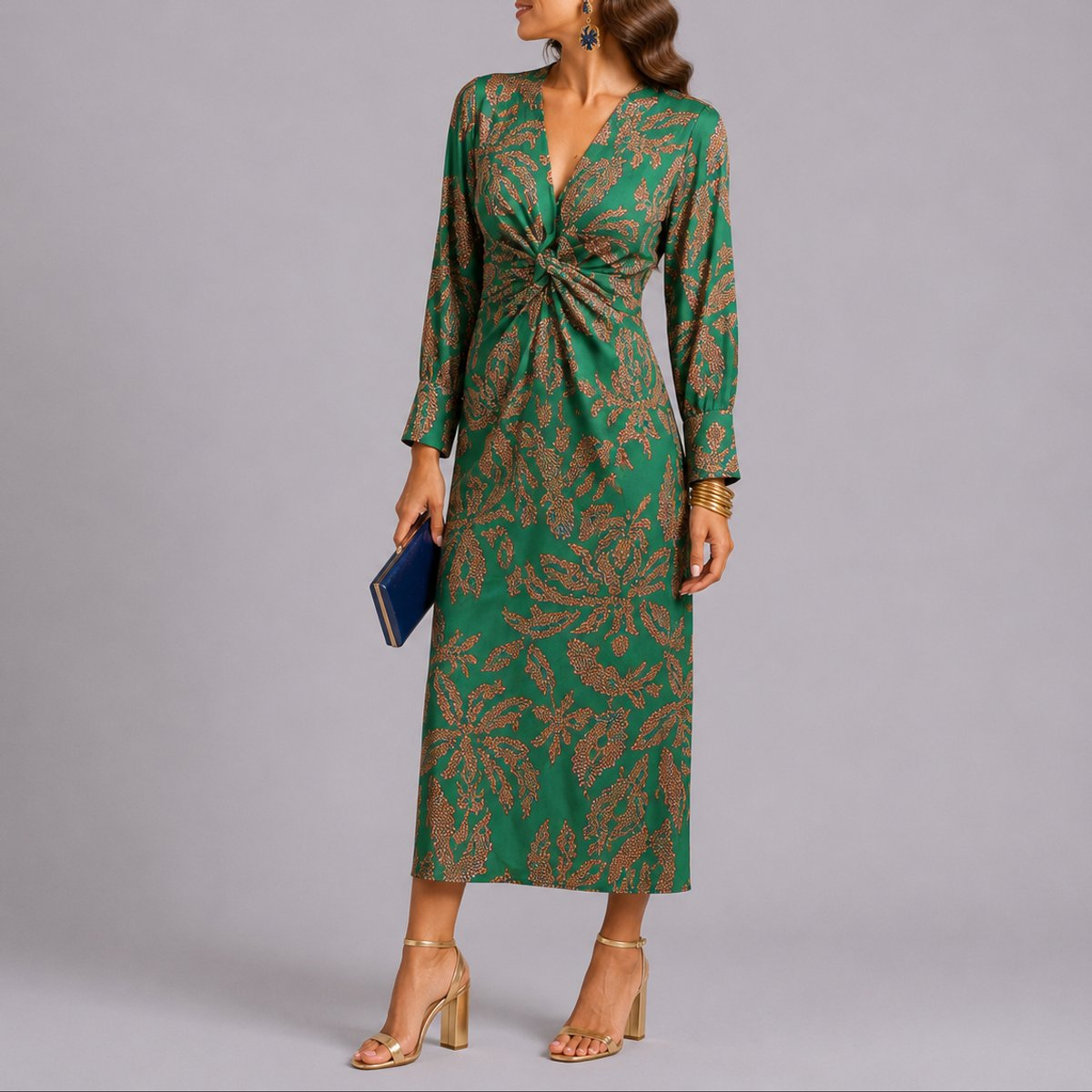 Women's Floral Twist-Front V-Neck Long-Sleeve Midi Dress - Green