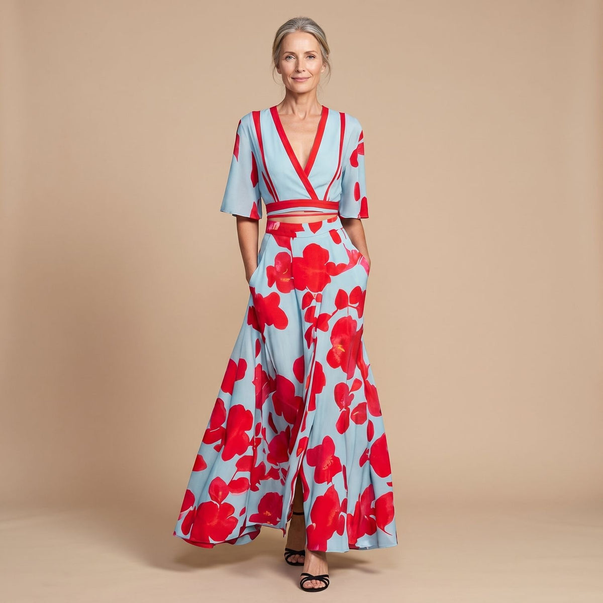 Women's Floral V-Neck Short-Sleeve Maxi Cocktail Party Dress - Red