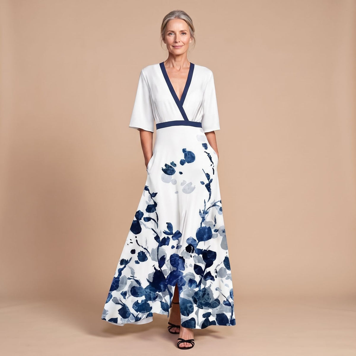 Women's Floral V-Neck Short-Sleeve Maxi Cocktail Party Dress - White