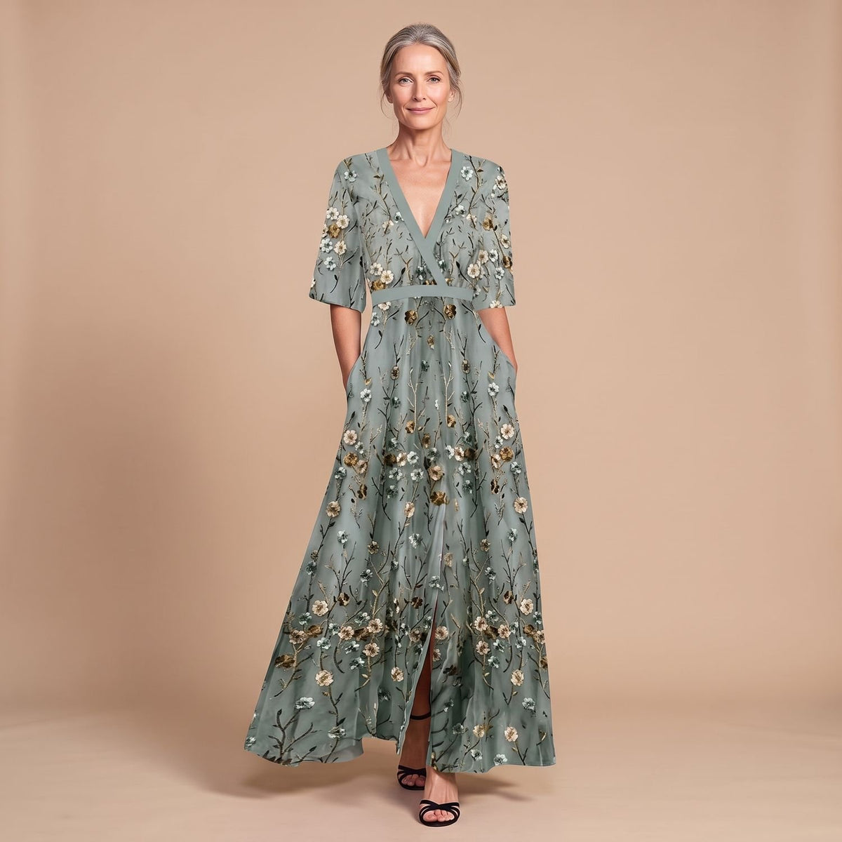 Women's Floral V-Neck Short-Sleeve Maxi Cocktail Party Dress - Green