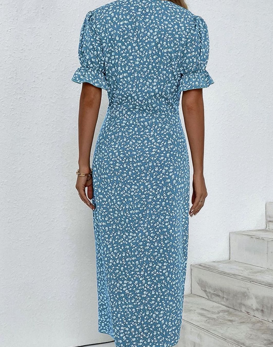 Women's Floral V-Neck Wrap Midi Dress Puff Sleeve