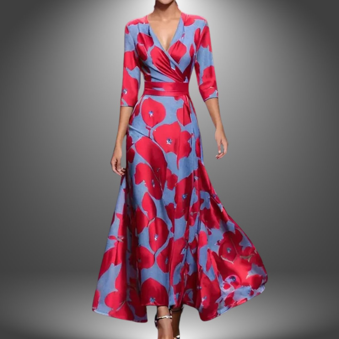 Women's Floral Wrap Maxi Dress V-Neck Three-Quarter Sleeve - Red