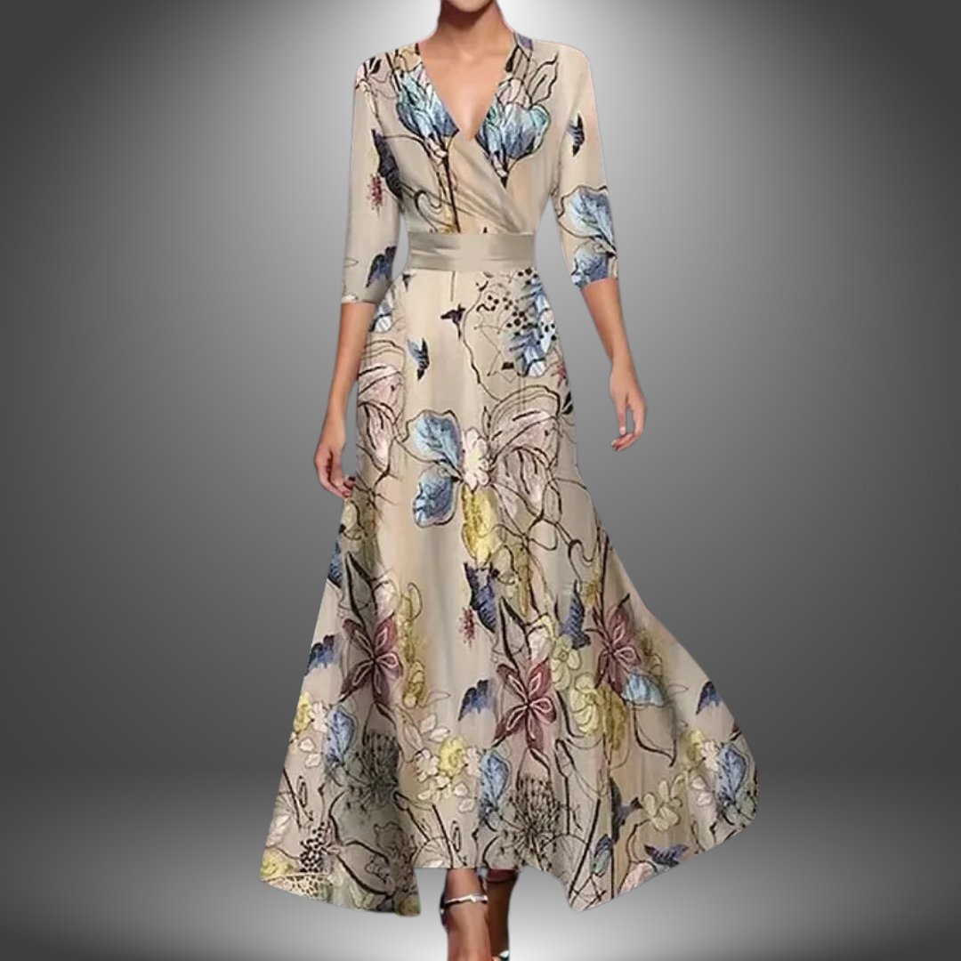 Women's Floral Wrap Maxi Dress V-Neck Three-Quarter Sleeve - Champagne
