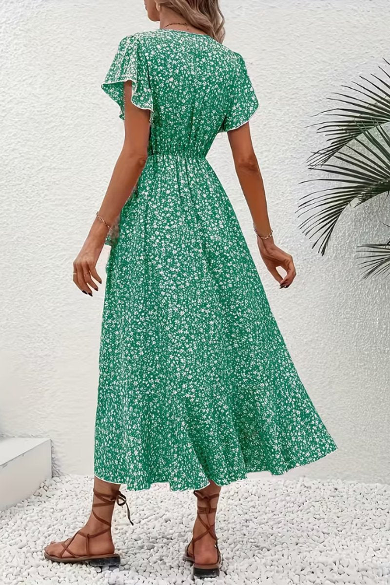 Women's Floral Wrap Midi Evening Gown Short-Sleeve Dress