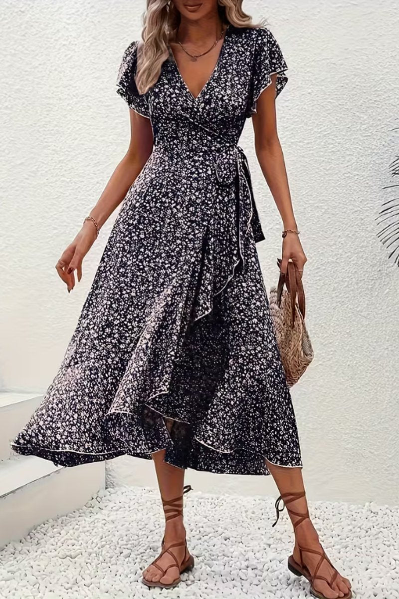 Women's Floral Wrap Midi Evening Gown Short-Sleeve Dress