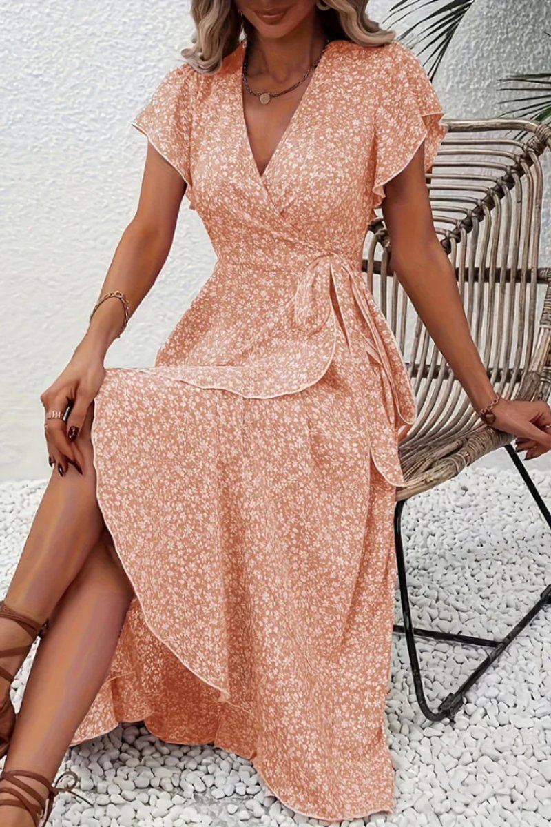 Women's Floral Wrap Midi Evening Gown Short-Sleeve Dress - Orange Pink