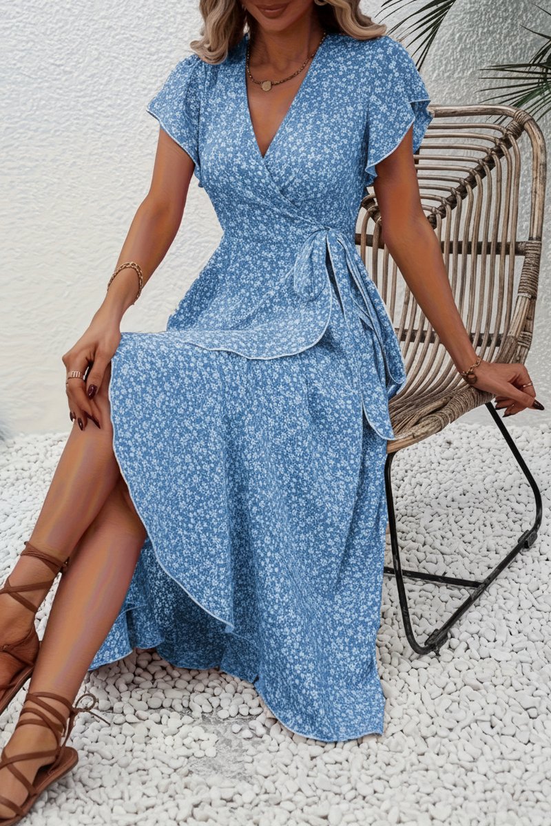 Women's Floral Wrap Midi Evening Gown Short-Sleeve Dress - Peacock Blue