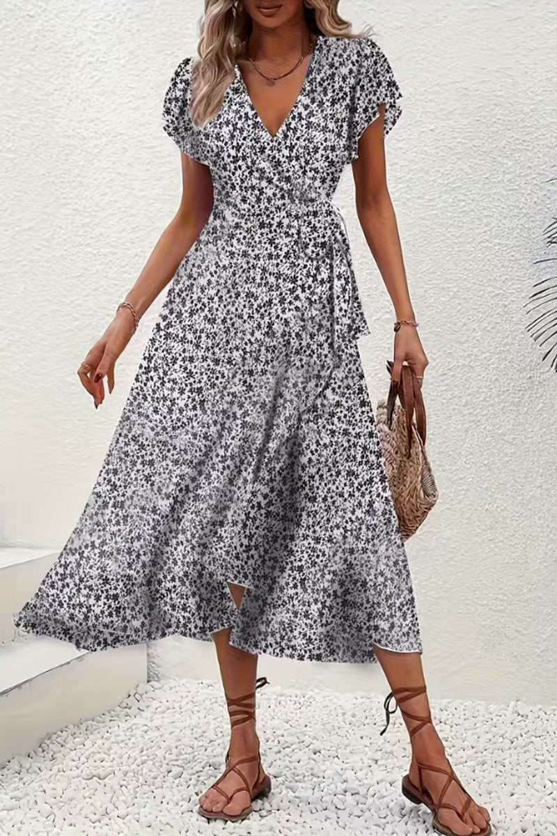 Women's Floral Wrap Midi Evening Gown Short-Sleeve Dress