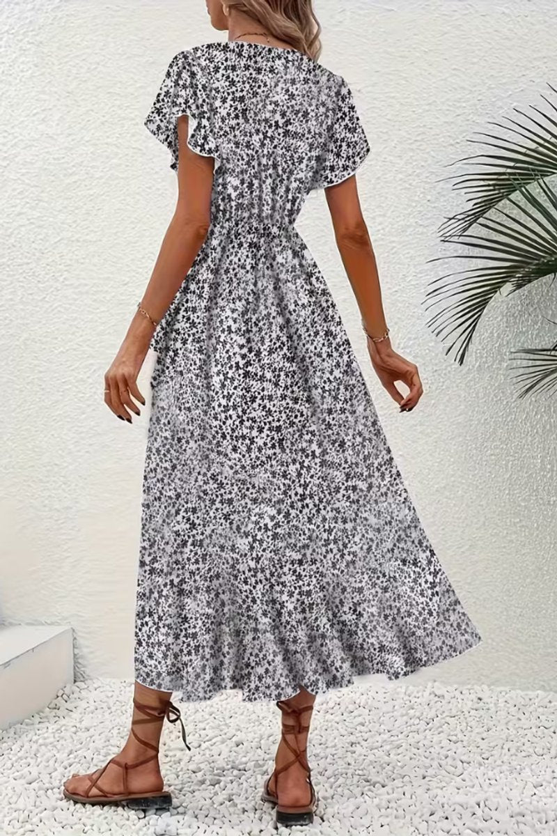 Women's Floral Wrap Midi Evening Gown Short-Sleeve Dress
