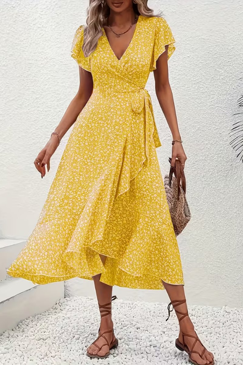 Women's Floral Wrap Midi Evening Gown Short-Sleeve Dress