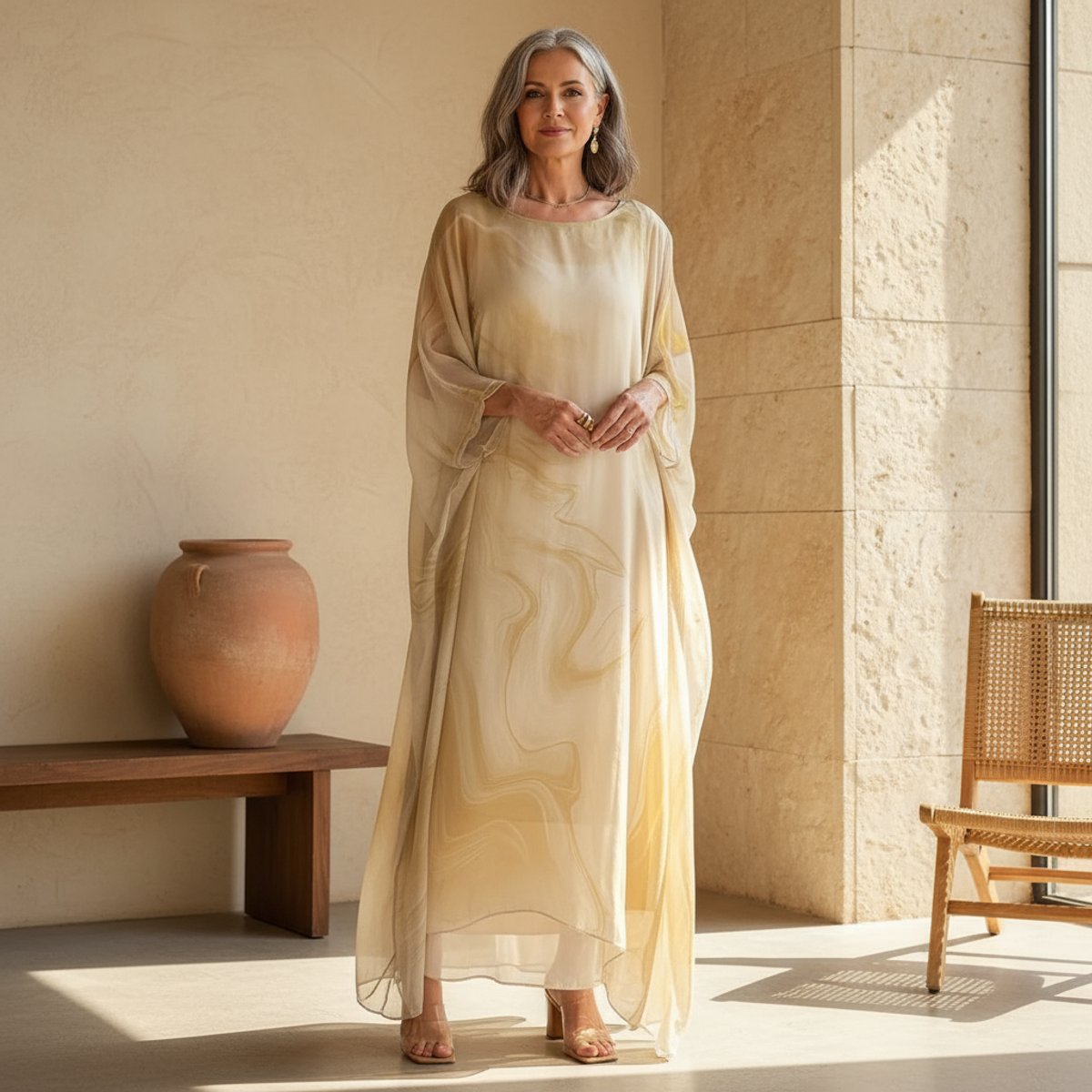 Women's Flowing Maxi Long Sleeve Dress Round Neck Caftan