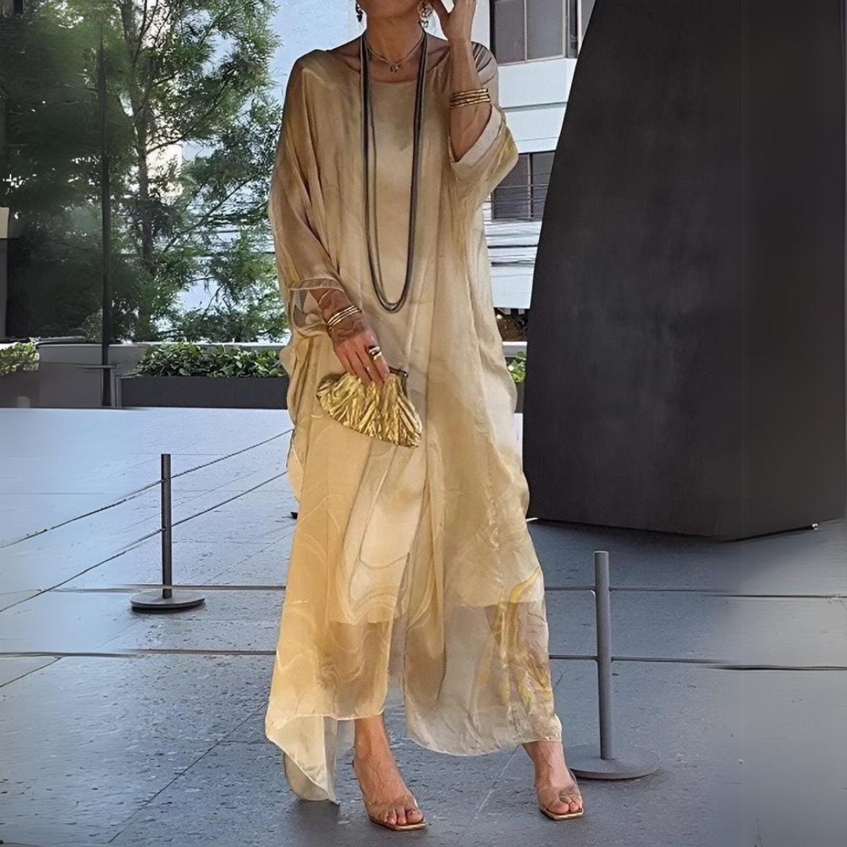 Women's Flowing Maxi Long Sleeve Dress Round Neck Caftan