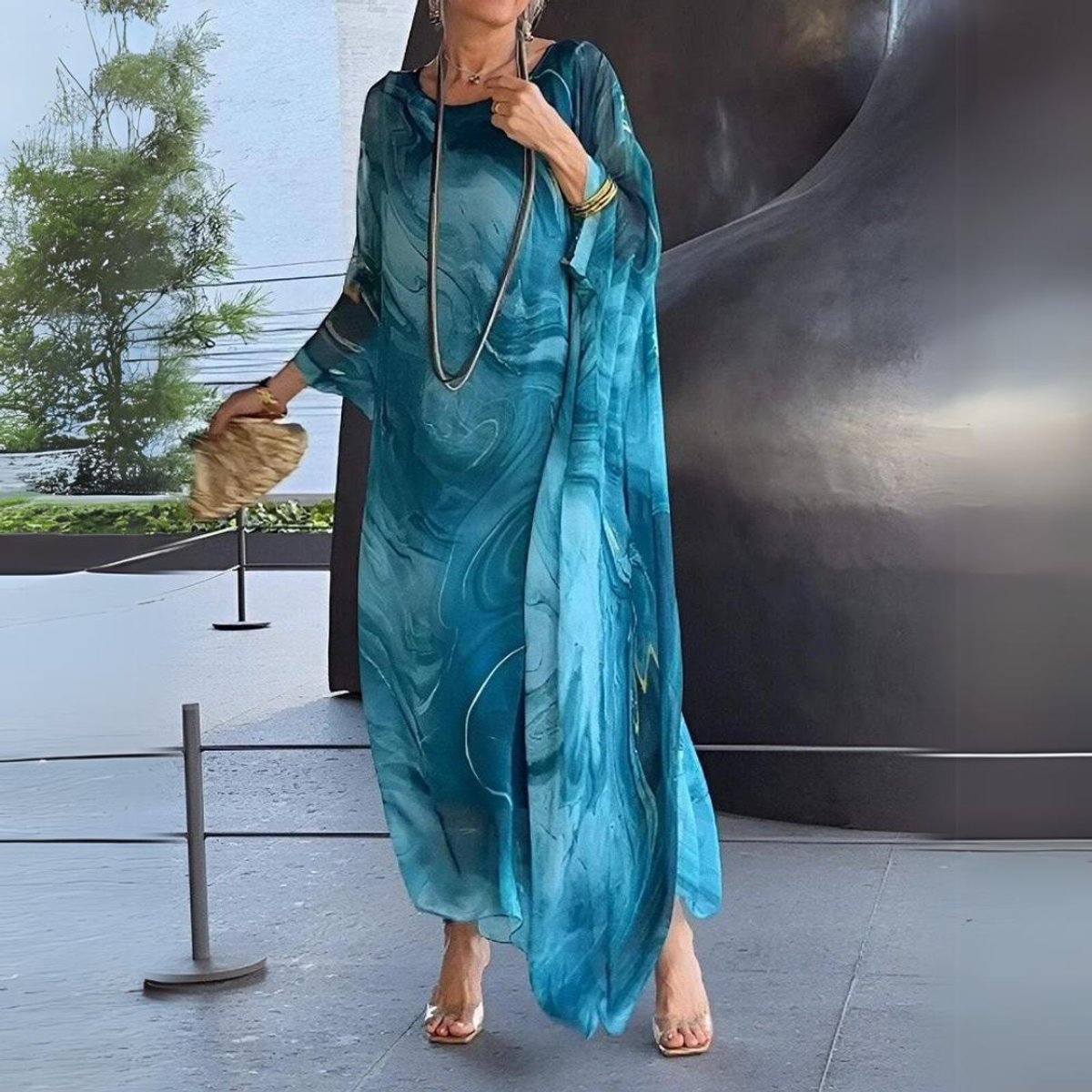 Women's Flowing Maxi Long Sleeve Dress Round Neck Caftan - Blue