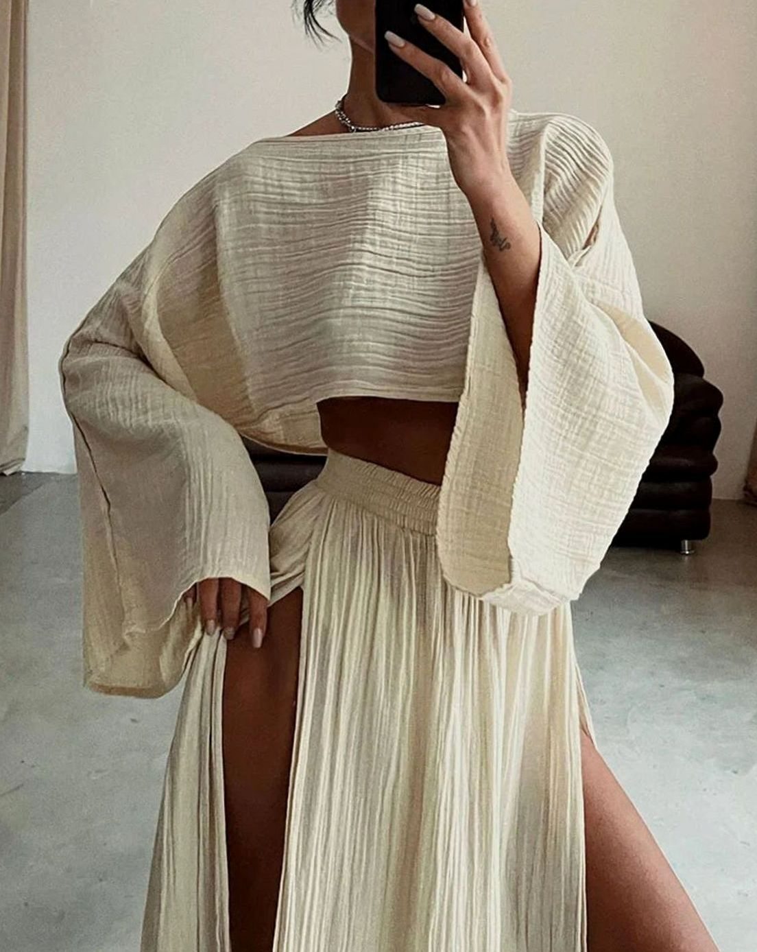 Women's Flowy Crop Top High-Waist Maxi Split Skirt Co-ord Set