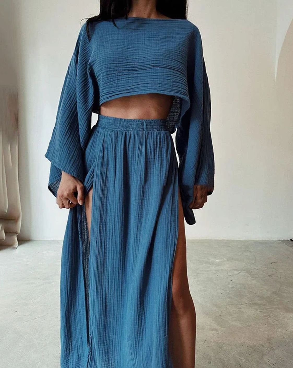 Women's Flowy Crop Top High-Waist Maxi Split Skirt Co-ord Set - Blue