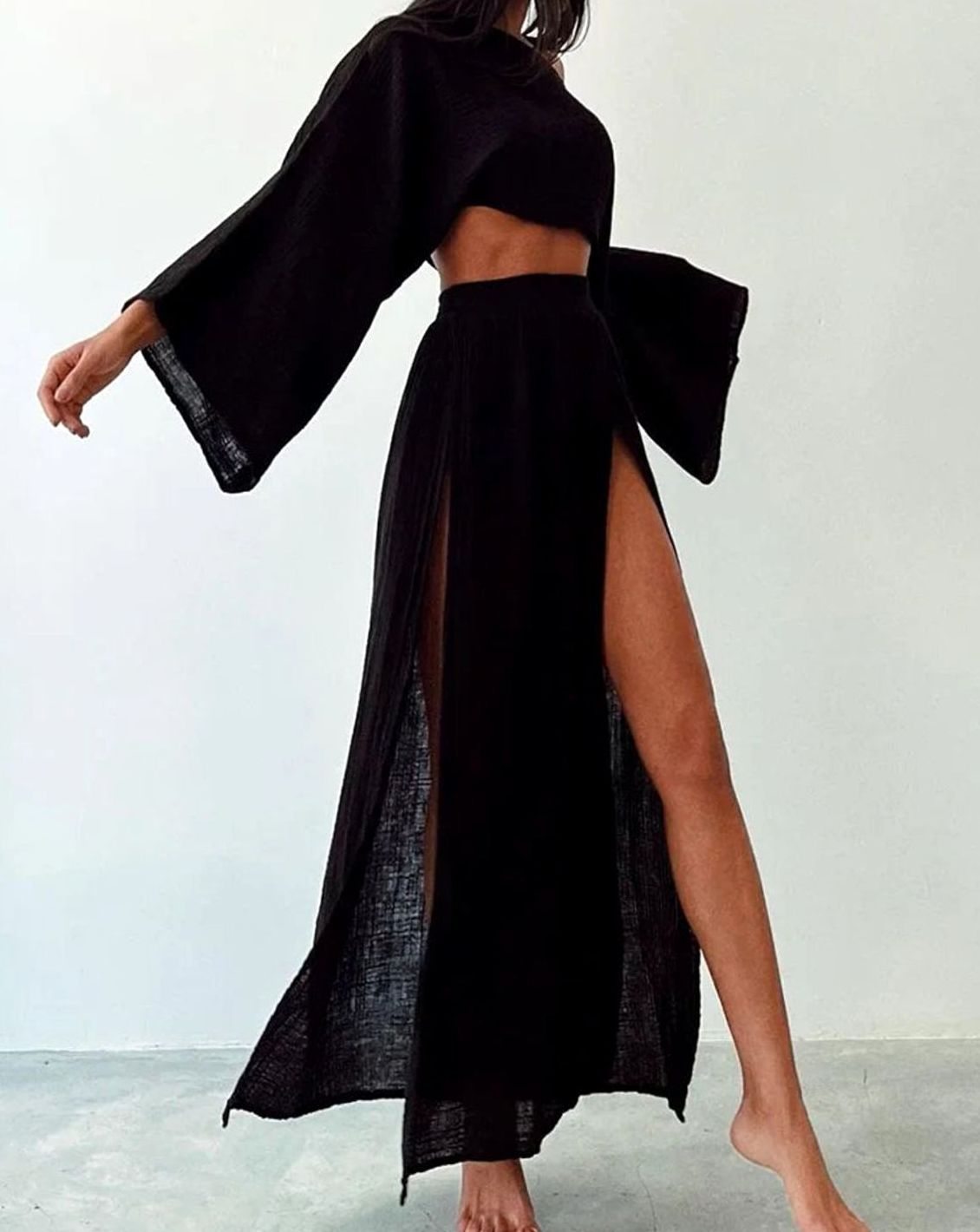 Women's Flowy Crop Top High-Waist Maxi Split Skirt Co-ord Set