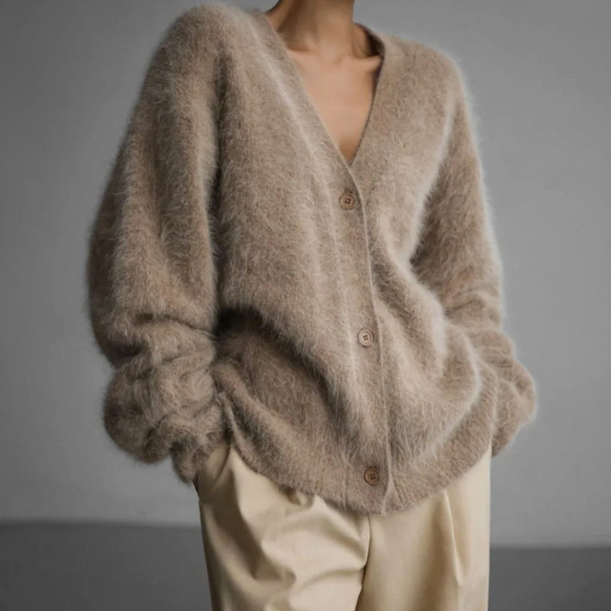 Women's Fluffy Mohair Blend V-Neck Button-Up Cardigan - Desert Brown