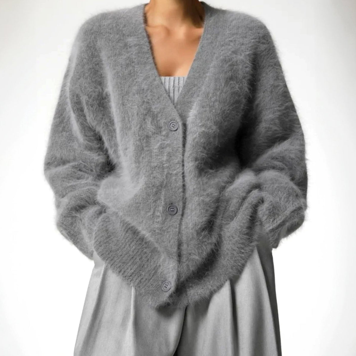 Women's Fluffy Mohair Blend V-Neck Button-Up Cardigan - Platinum Grey
