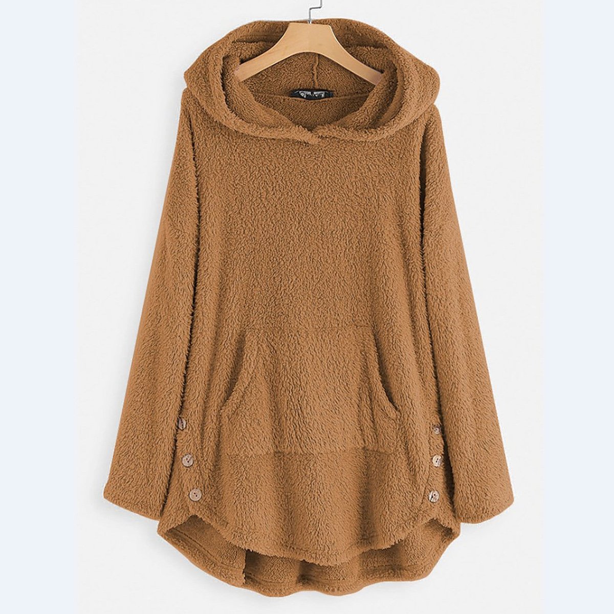 Women's Fluffy Plush Zip-Up Hooded Sweater Cat Pocket - Beige