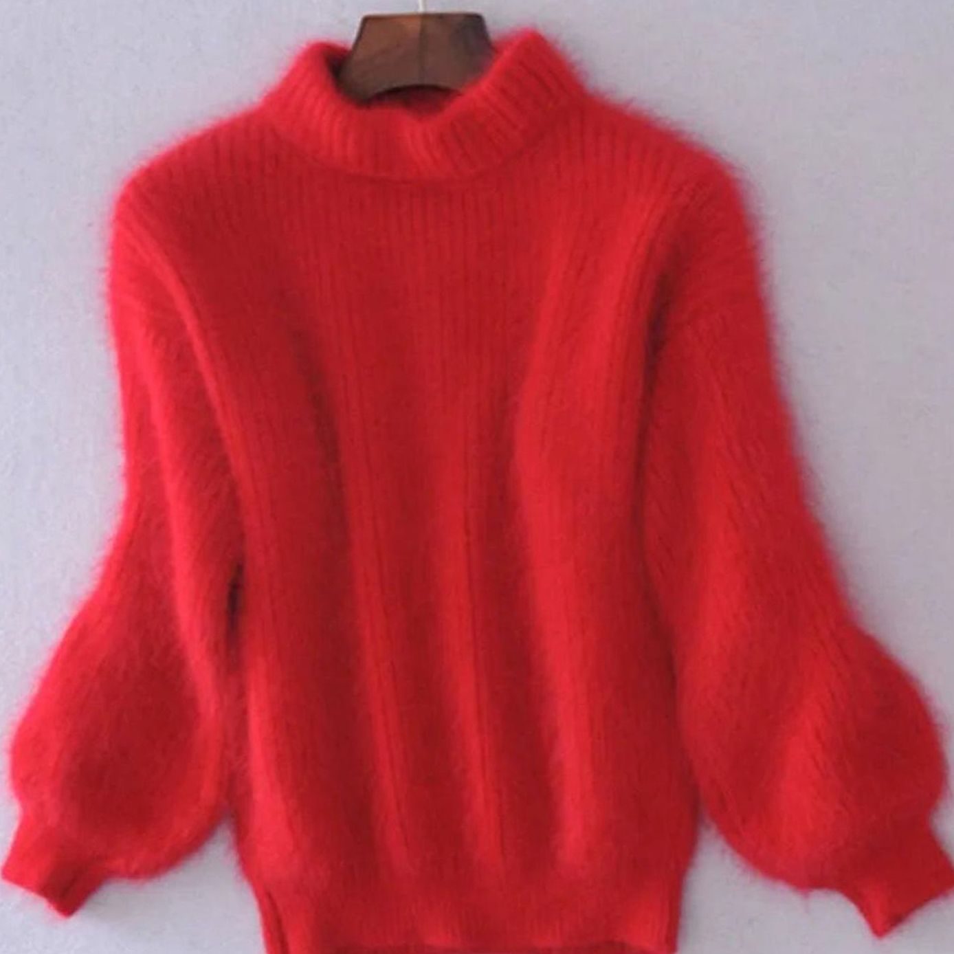 Women's Fluffy Turtleneck Relaxed-Fit Angora Knit Sweater - Red