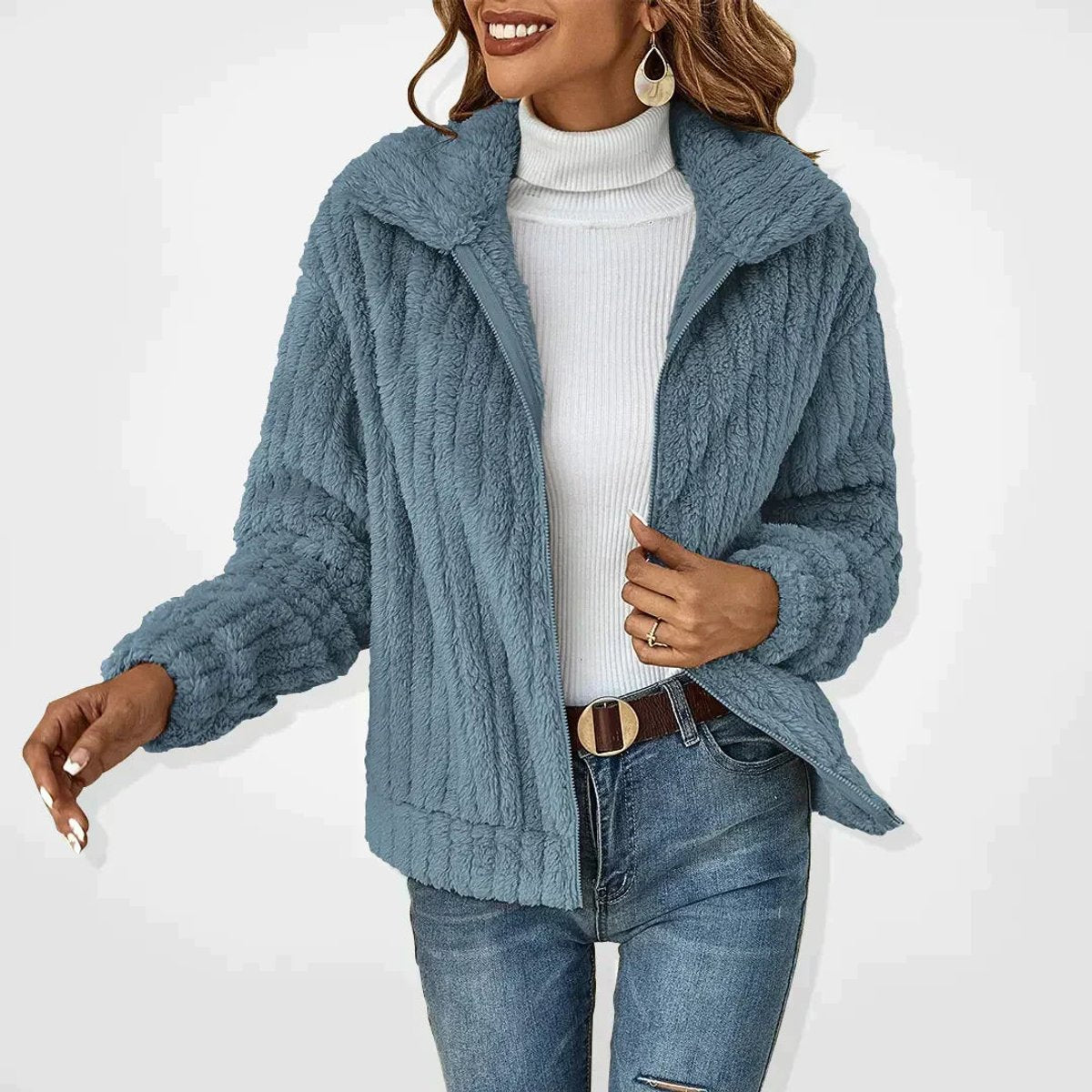 Women's Fluffy Zip-Up Teddy Fleece Jacket Quilted Texture - Blue