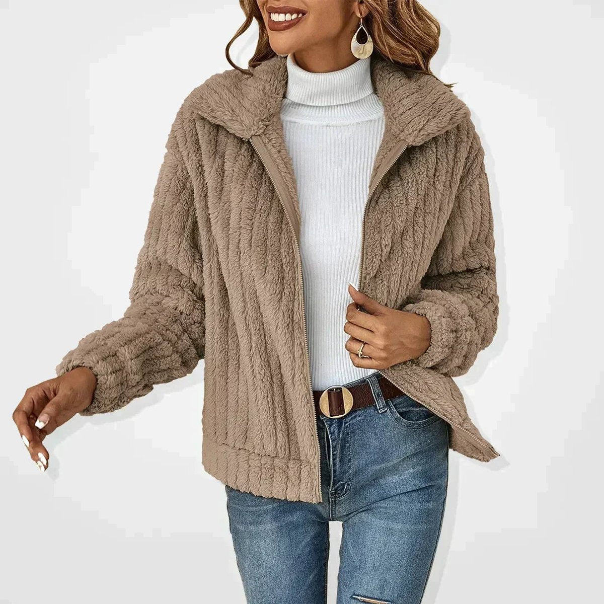 Women's Fluffy Zip-Up Teddy Fleece Jacket Quilted Texture - Khaki